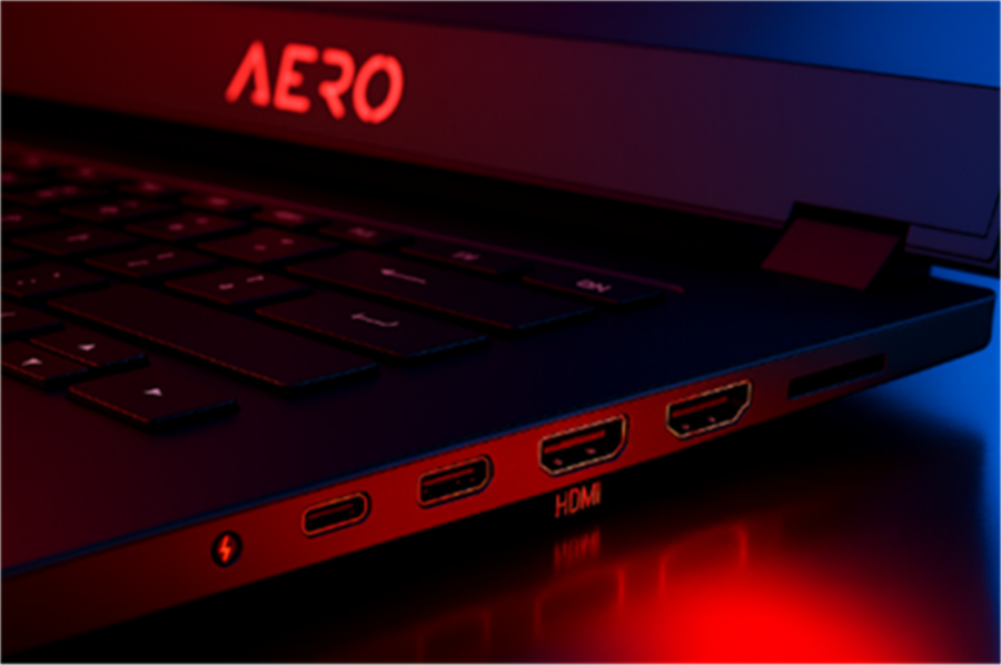 The Gigabyte Aero 15 connectivity is comprehensive with a number of selection of ports, including Thunderbolt 3, USB-C, USB-A, HDMI, and an SD card reader.